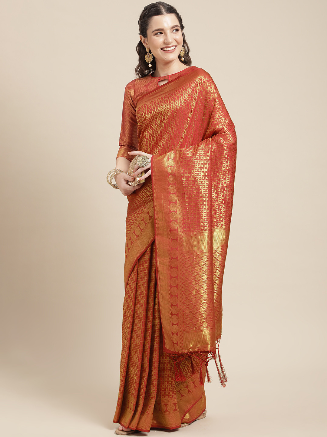 

Mitera Maroon & Golden Ethnic Motifs Zari Woven Saree with Blouse Piece
