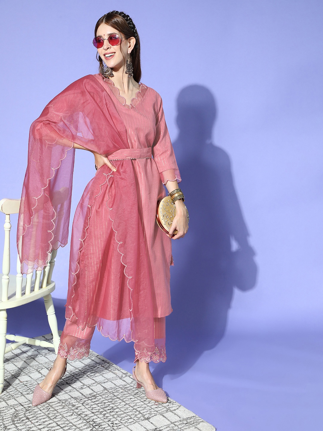 

Yufta Striped Cotton Blend Scalloped Edge Kurta Set, Pink