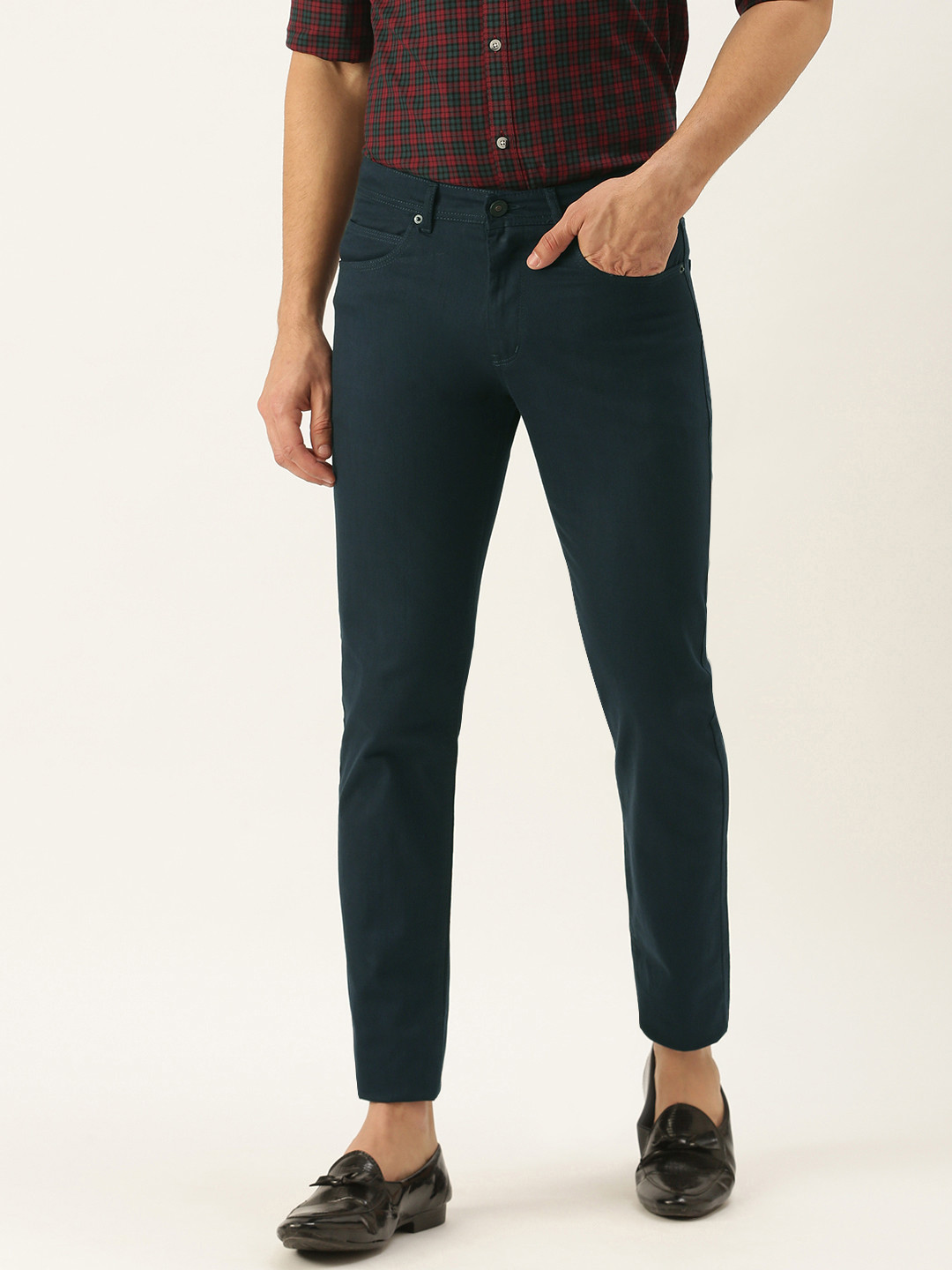 

Peter England Casuals Men Teal Blue Skinny Fit Low-Rise Chinos