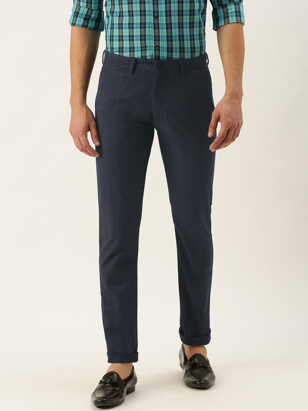 

Peter England Casuals Men Navy Blue Printed Super Slim Fit Chinos