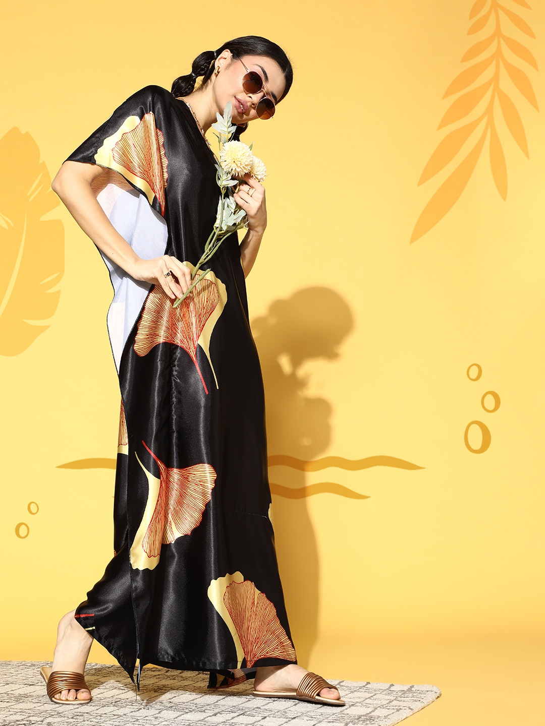 

Claura Women Gorgeous Black Floral Kaftan Nightdress