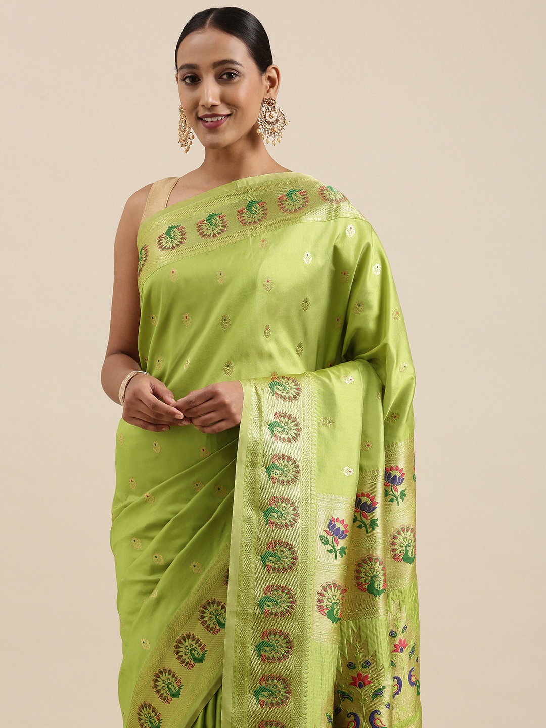 

Mitera Lime Green & Golden Ethnic Motifs Woven Design Saree