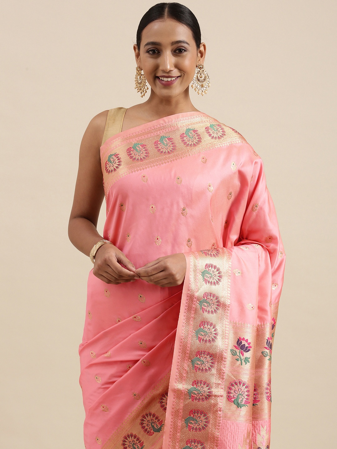 

Mitera Pink & Golden Ethnic Motifs Woven Design Saree