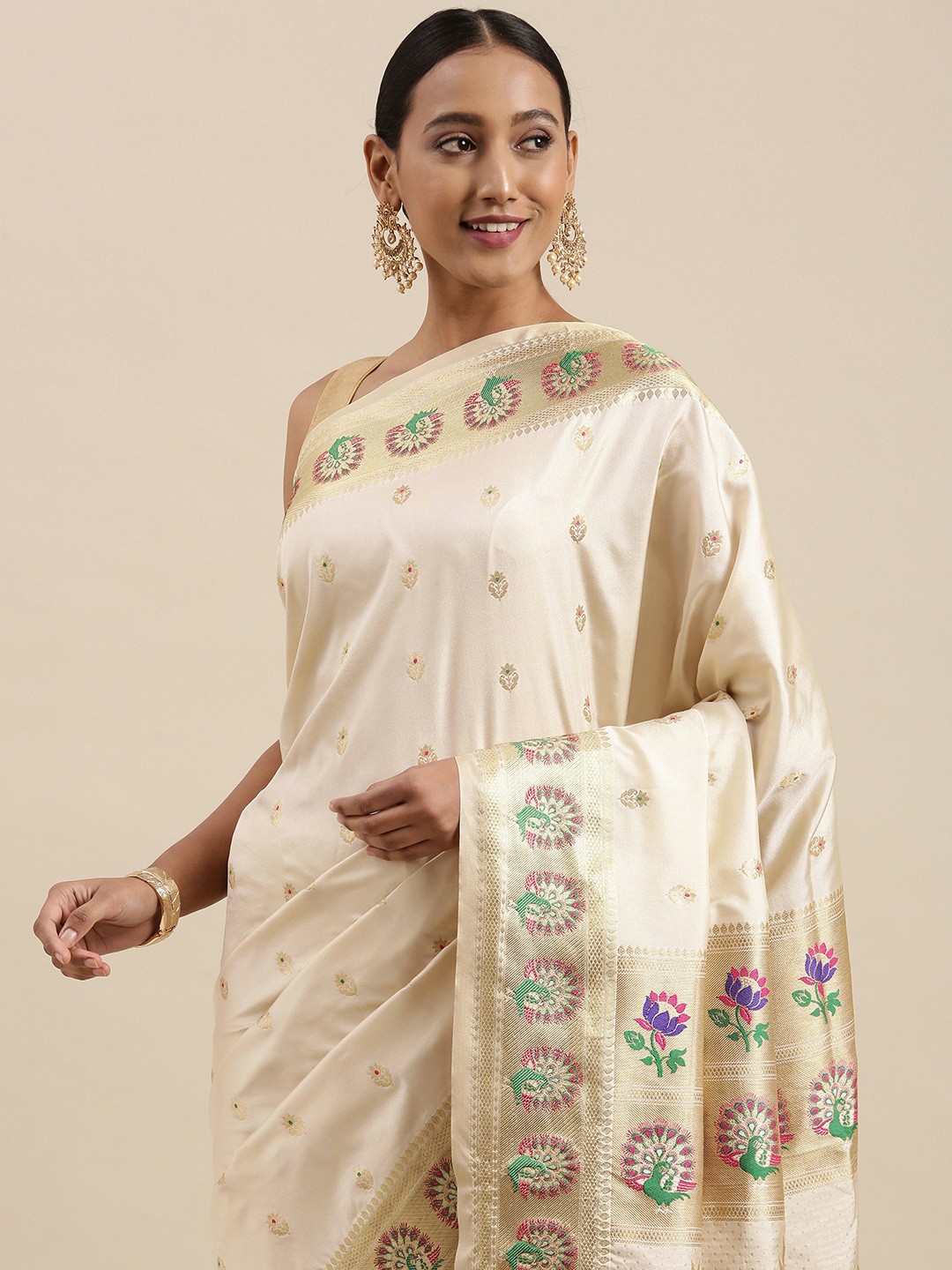 

Mitera White & Golden Ethnic Motifs Woven Design Saree