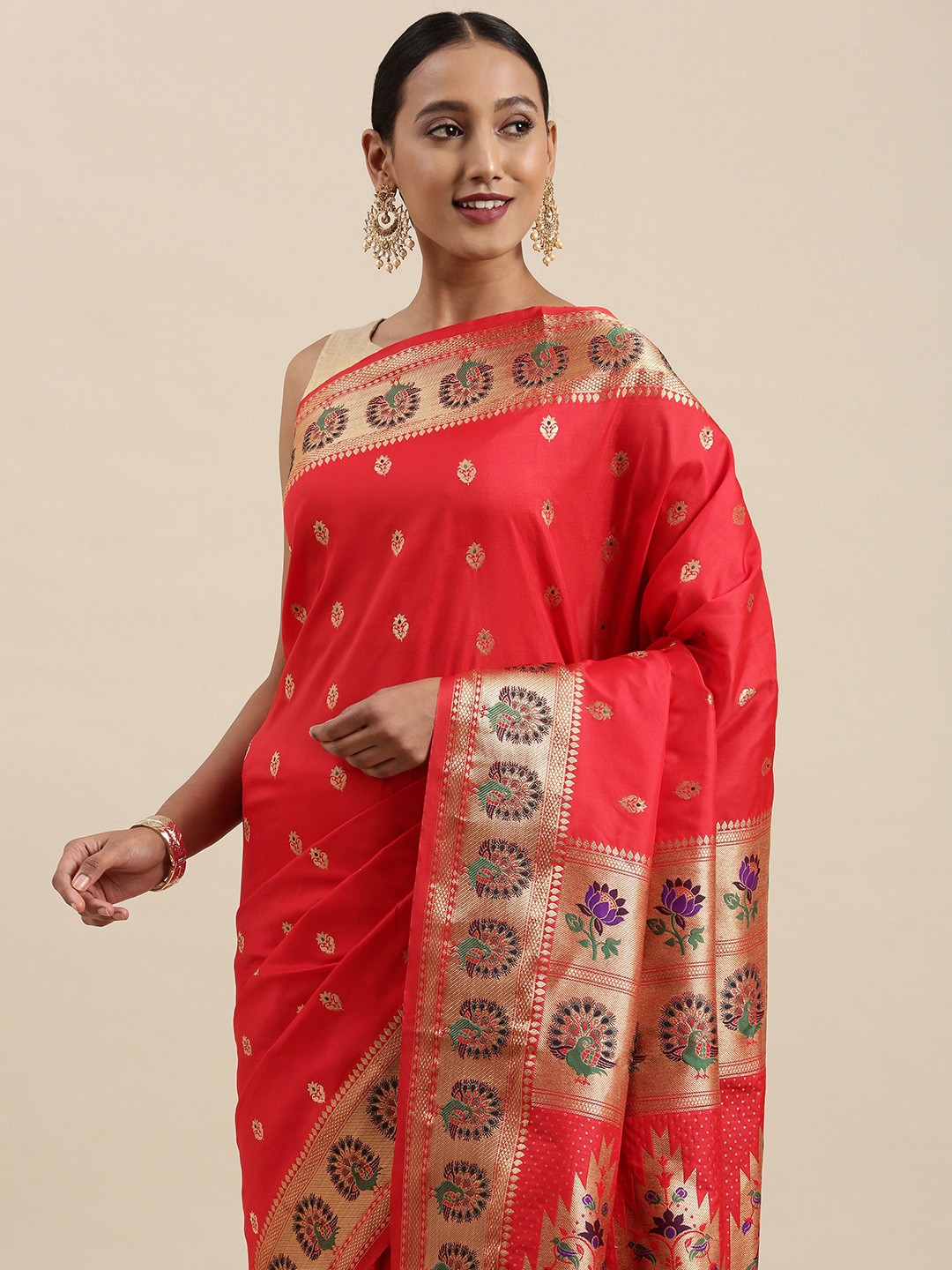

Mitera Red & Golden Ethnic Motifs Woven Design Saree