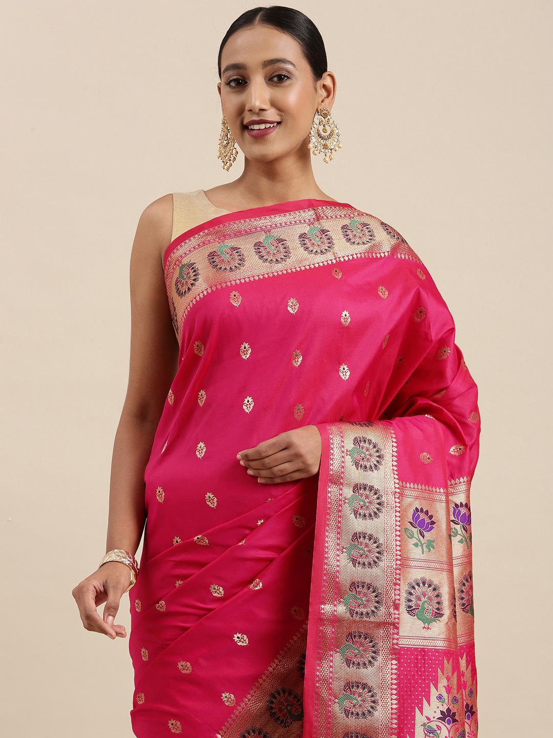 

Mitera Pink & Golden Ethnic Motifs Woven Design Saree