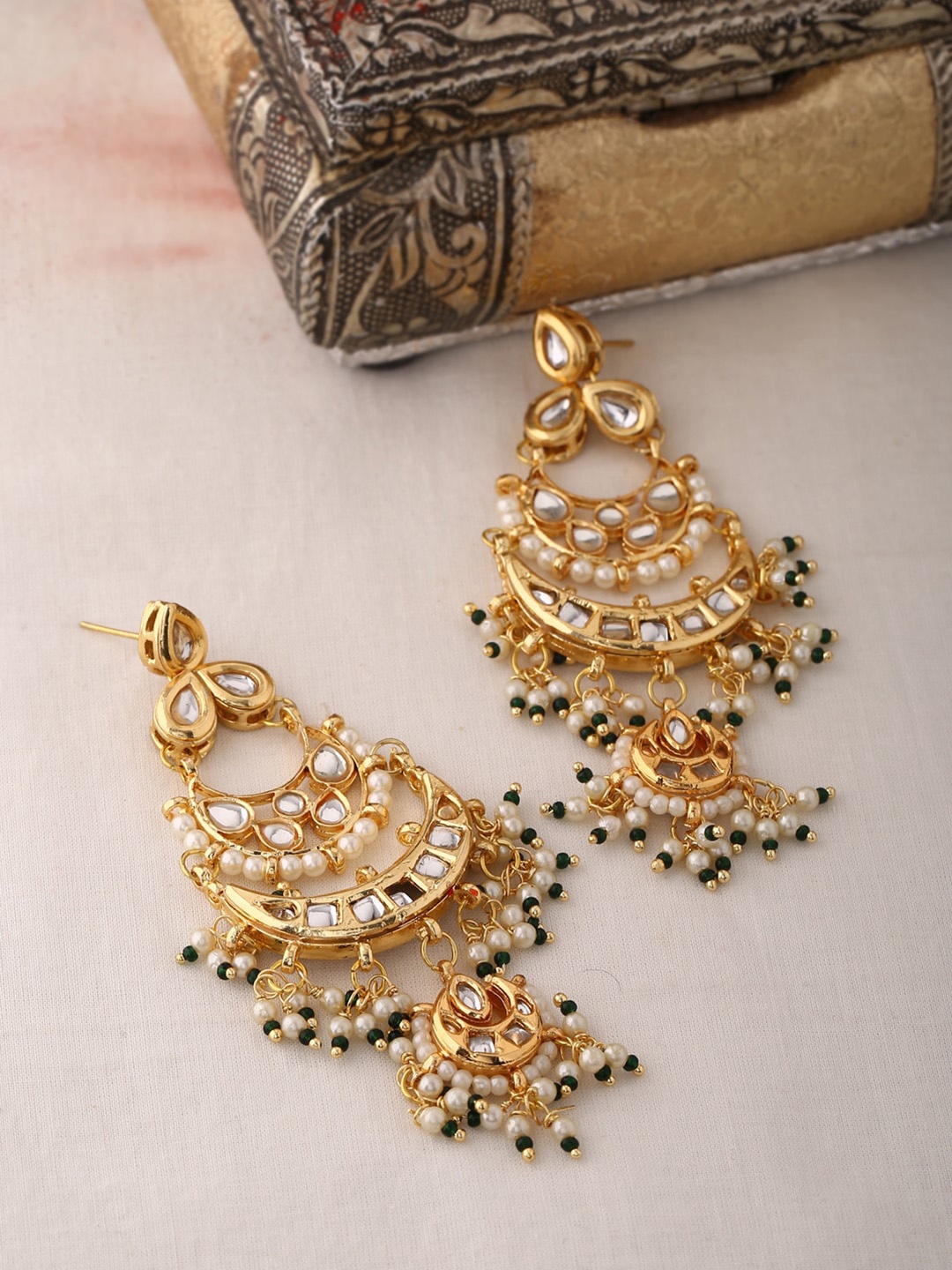 

Shoshaa Gold-Toned & Plated Kundan-Studded Contemporary Chandbalis Earrings