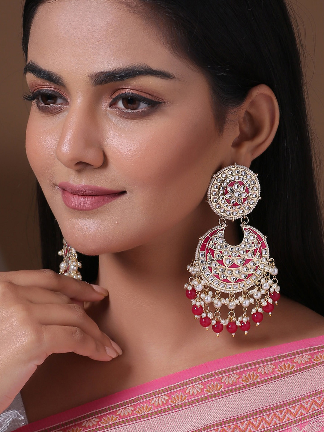 

Shoshaa Gold-Toned & Magenta Contemporary Chandbalis Earrings