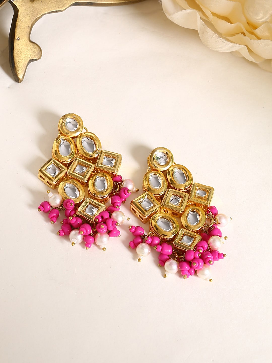 

Shoshaa Magenta & Gold-Toned Kundan Studded Contemporary Drop Earrings