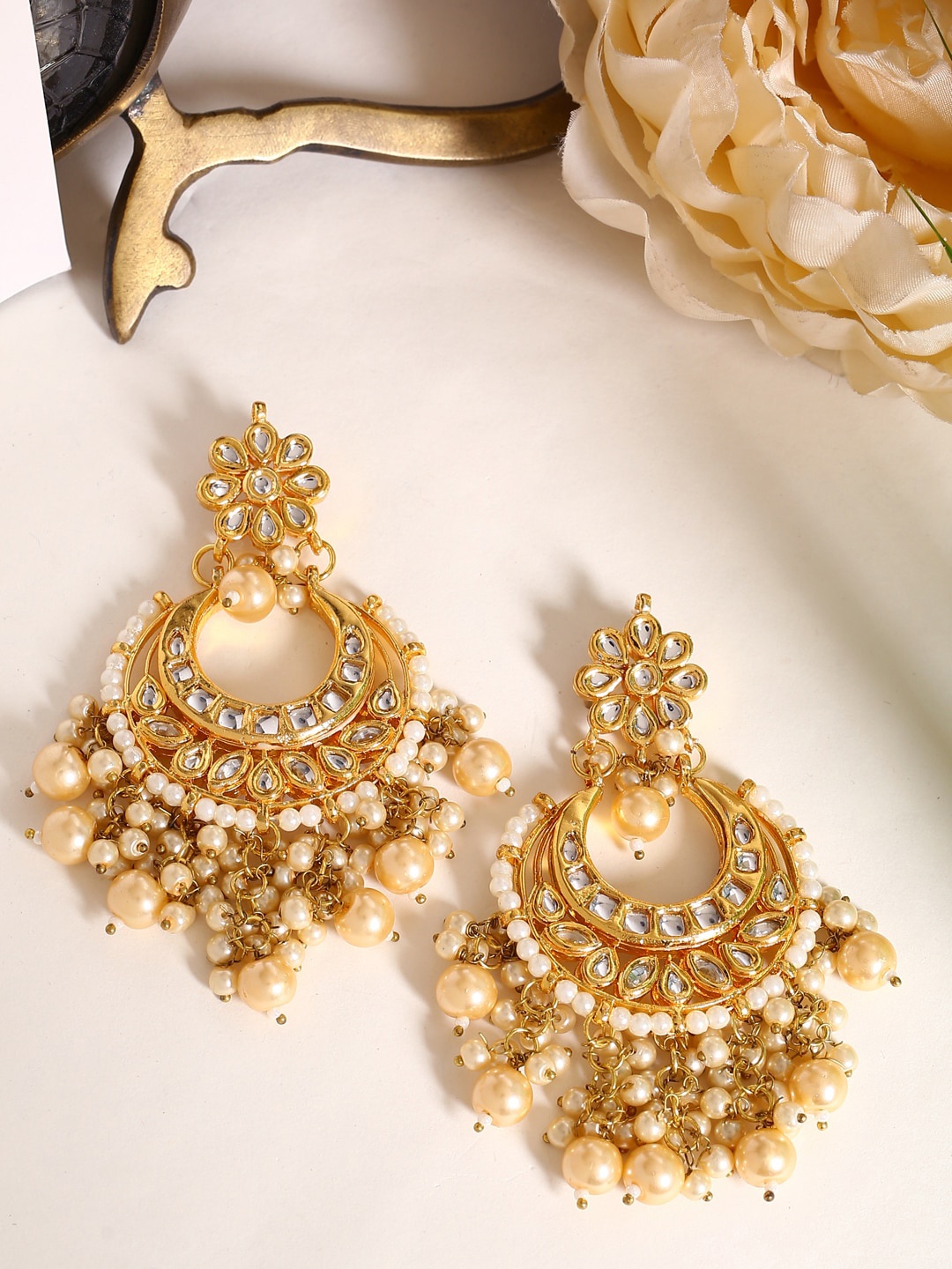 

Shoshaa Gold-Toned Kundan Studded Contemporary Chandbalis Earrings