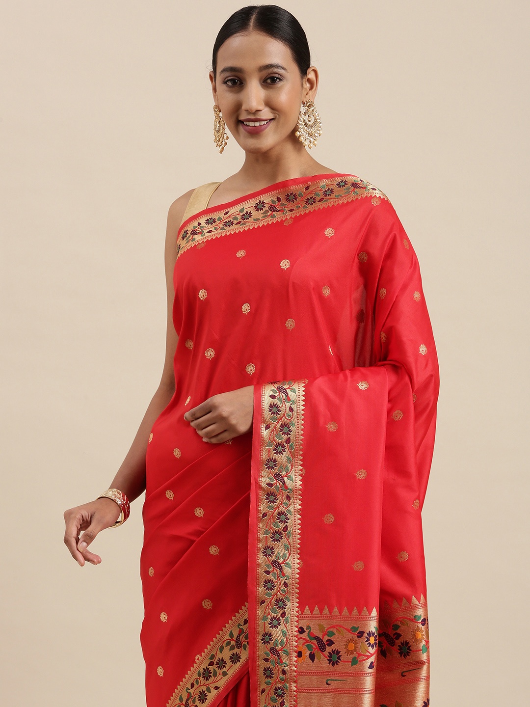 

Mitera Red & Golden Ethnic Motifs Woven Design Saree