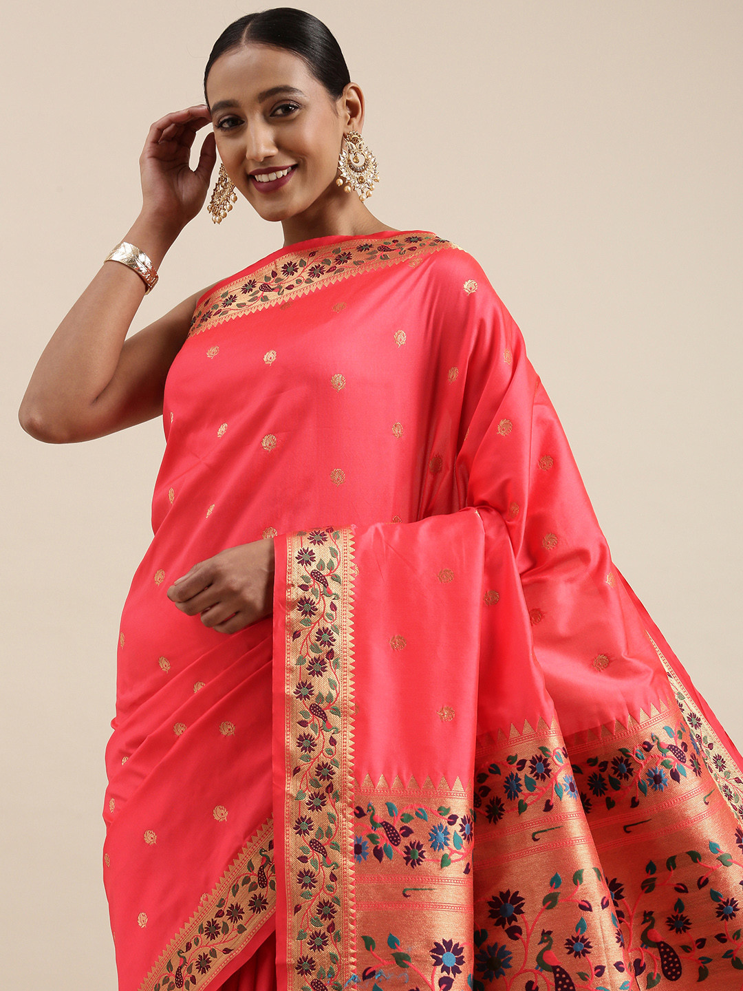 

Mitera Pink & Golden Ethnic Motifs Woven Design Saree
