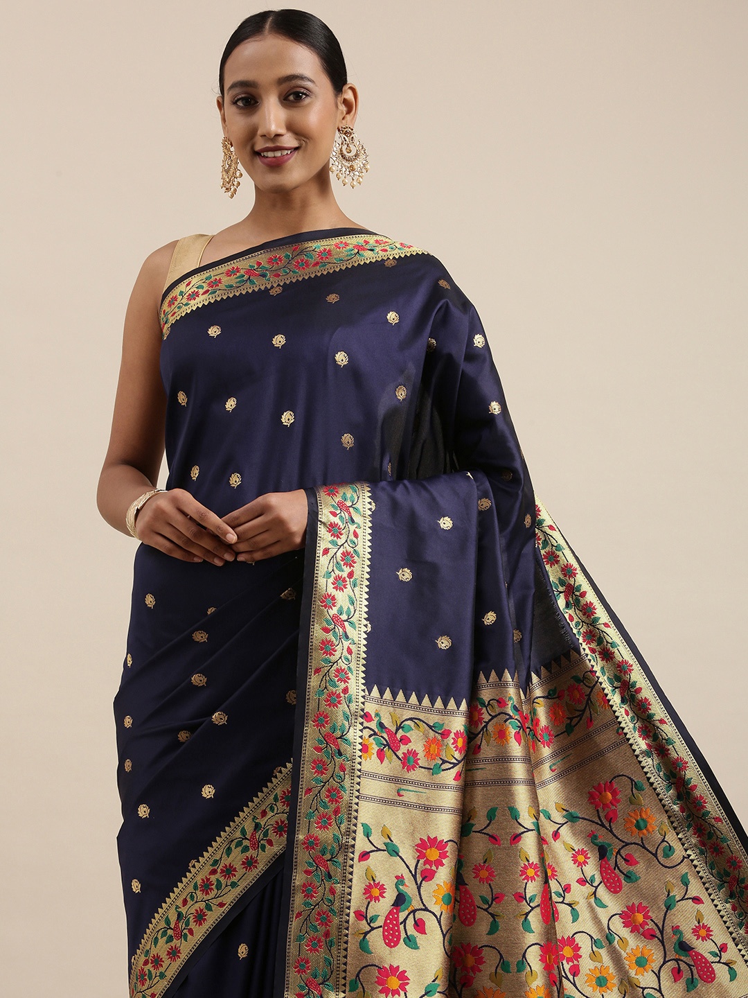 

Mitera Navy Blue & Golden Ethnic Motifs Woven Design Saree