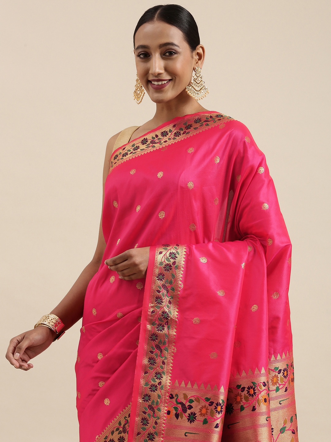 

Mitera Pink & Golden Ethnic Motifs Silk Blend Saree