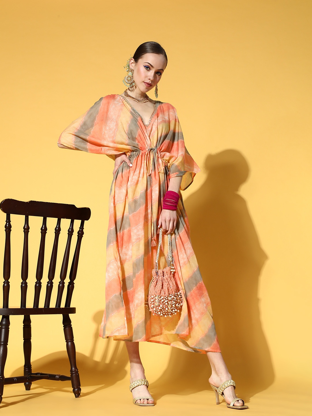 

Prakrti Coral & Brown Tie and Dye Leheriya Pure Cotton Kaftan Midi Dress