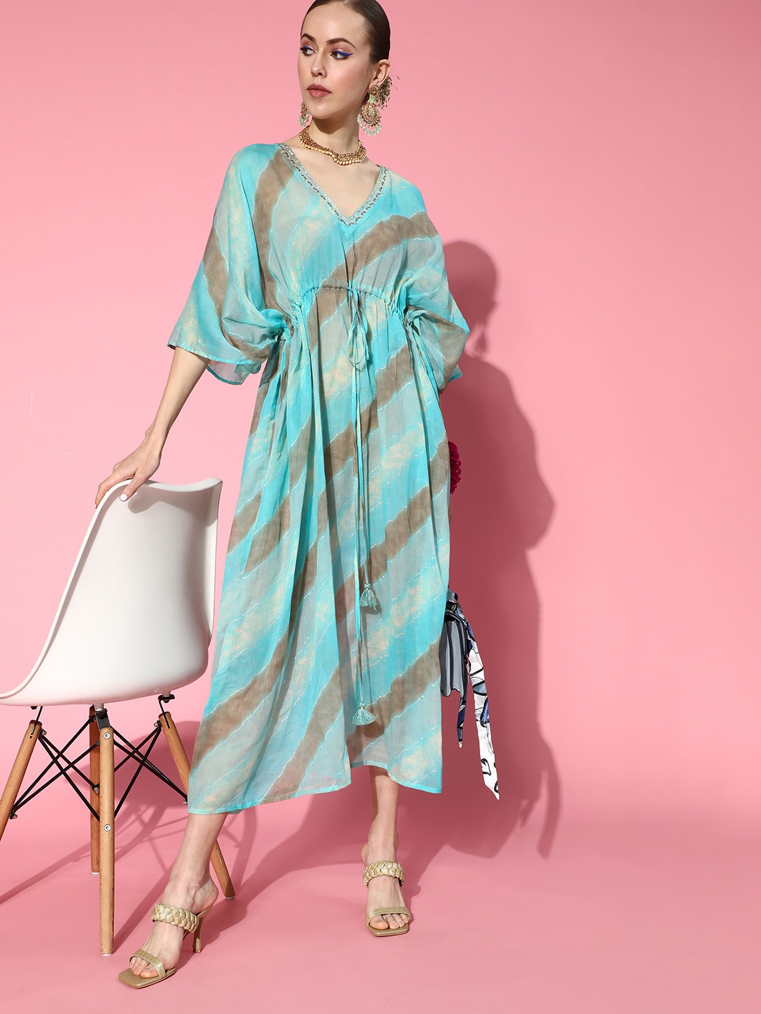 

Prakrti Blue & Brown Tie and Dye Leheriya Pure Cotton Kaftan Midi Dress
