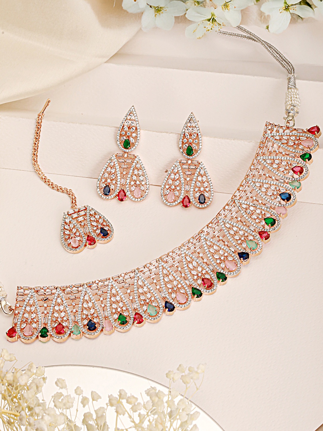 

Saraf RS Jewellery Rose Gold-Plated White & Green AD-Studded Jewellery Set