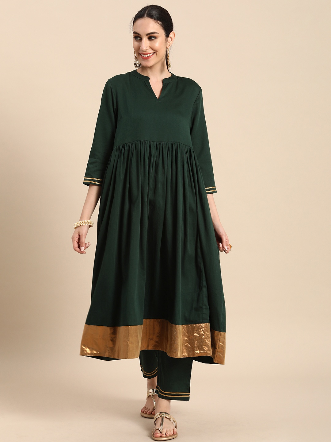 

Anouk Women Bottle Green Empire Sequinned Pure Cotton Kurta with Trousers