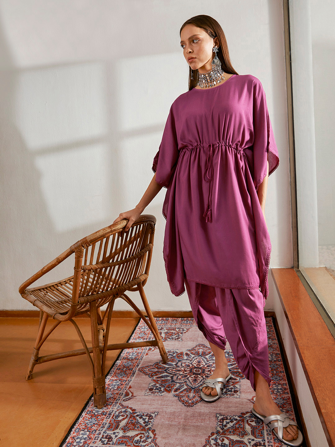 

Anouk Women Purple Solid Kaftan Kurta with Dhoti Pants