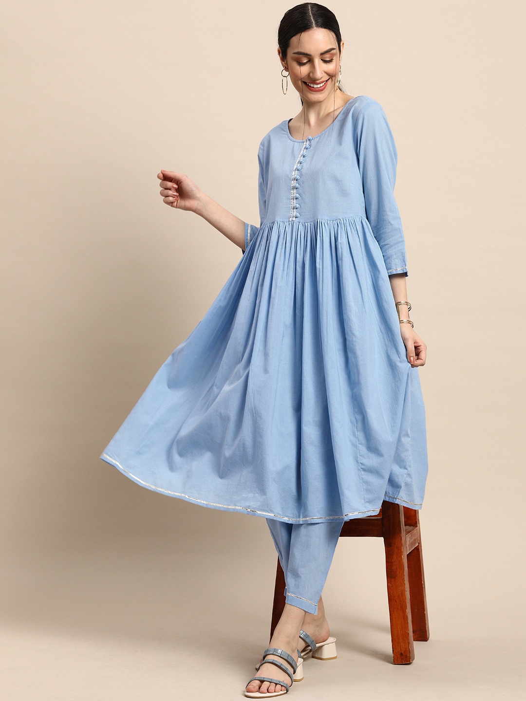 

Anouk Women Blue Round Neck Pure Cotton Gotta Patti Kurta with Trousers