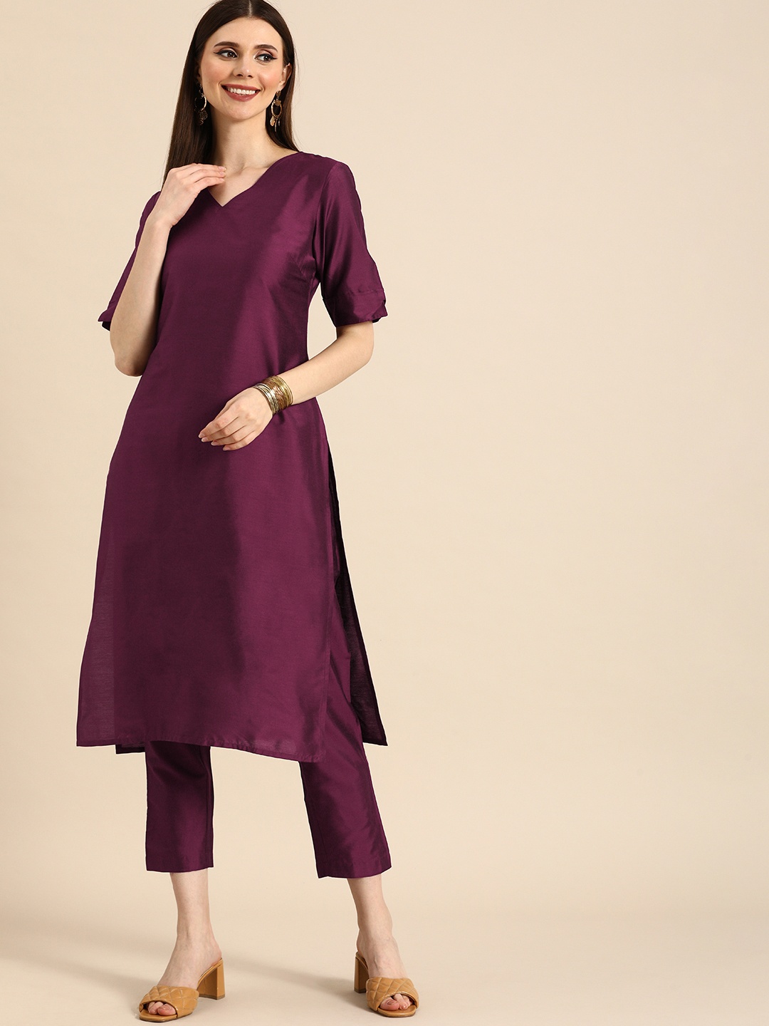 

Anouk Women Purple Solid Kurta with Trousers