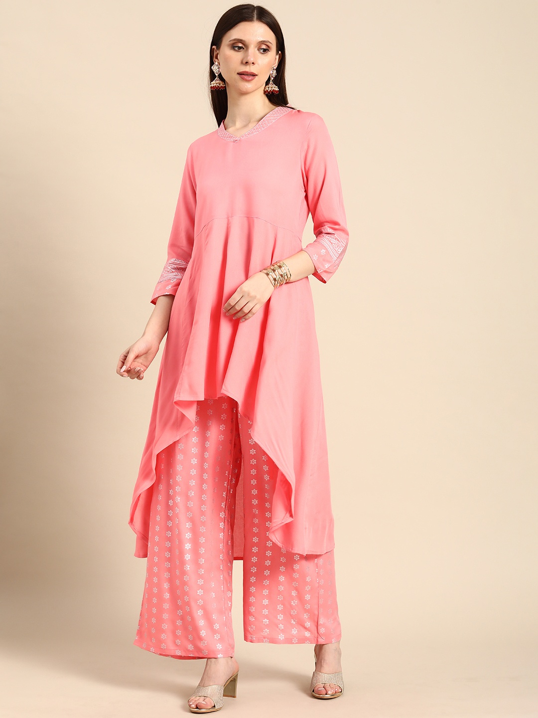 

Anouk Women Peach Pink Solid Pleated High-Low Kurta with Printed Palazzos