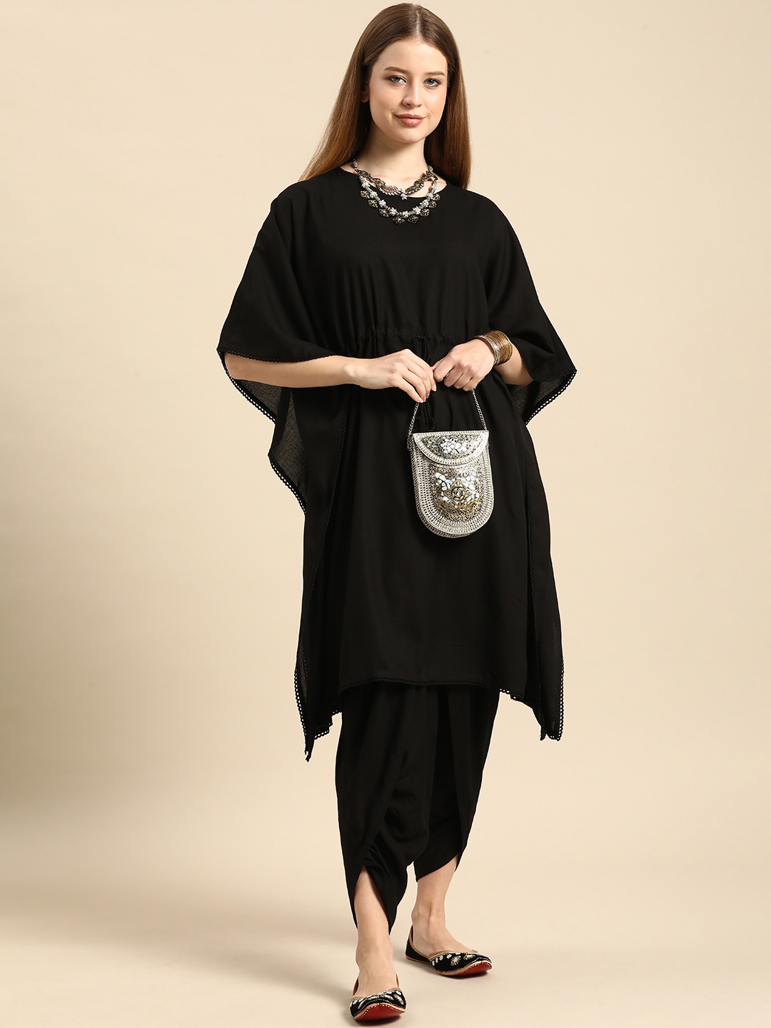

Anouk Women Black Solid Kaftan Kurta with Dhoti Pants