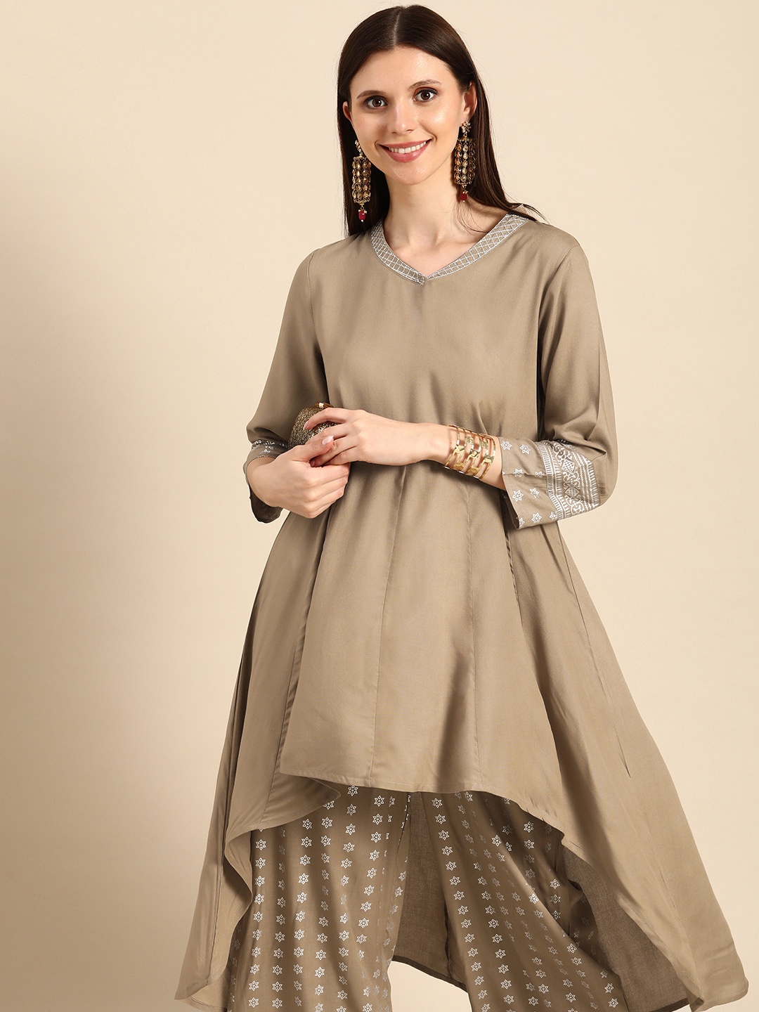 

Anouk Women Brown Solid Pleated High-Low Kurta with Printed Palazzos