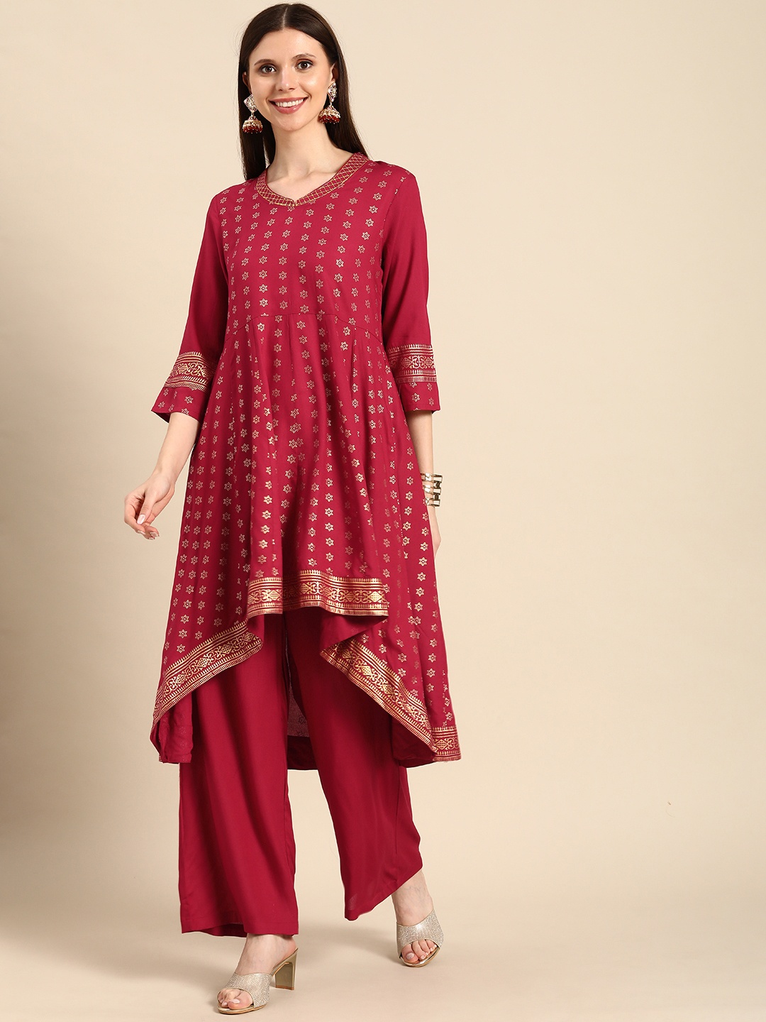 

Anouk Women Red And Gold-Toned Ethnic Motifs Printed High-Low Kurta with Palazzos