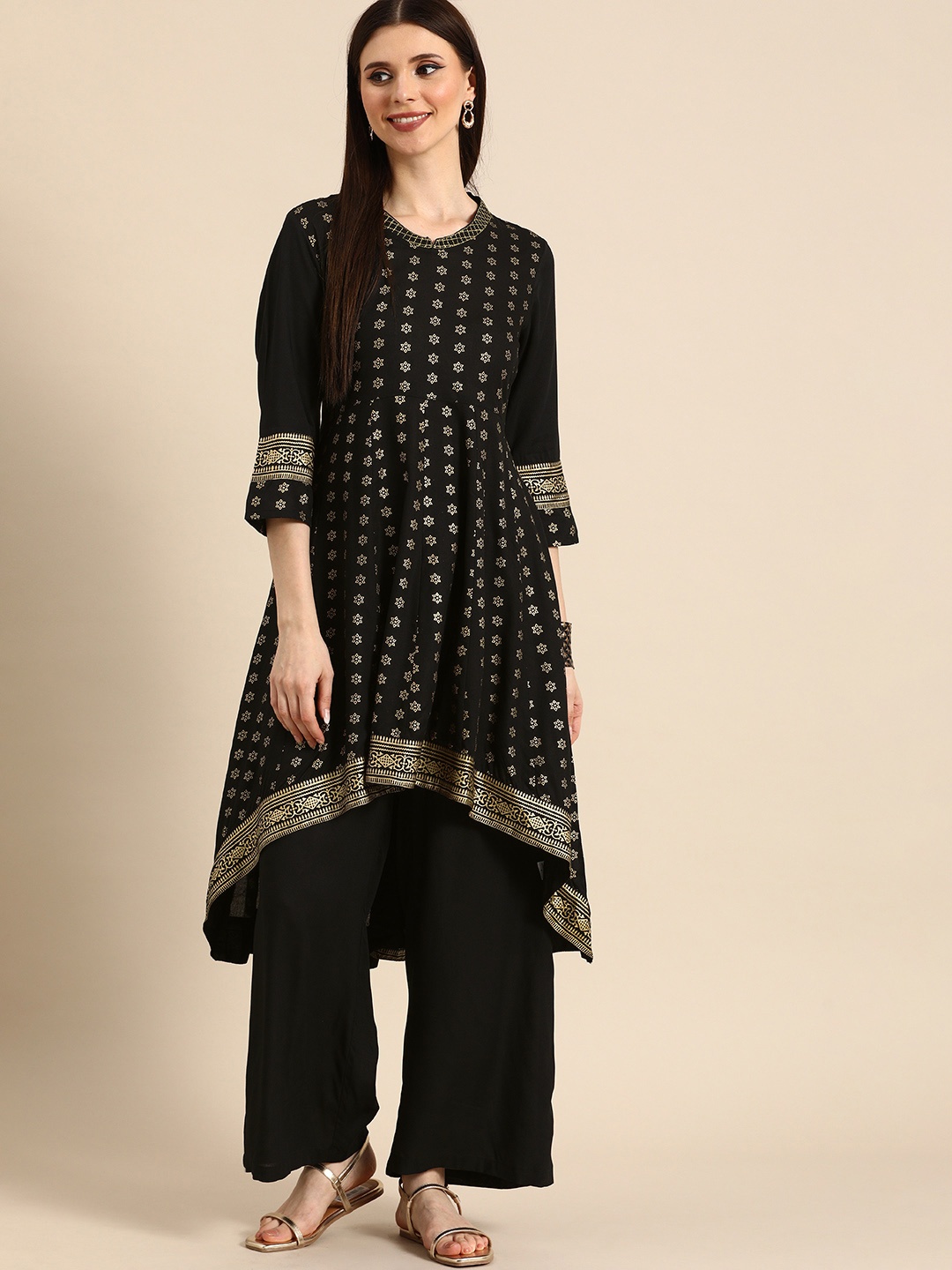 

Anouk Women Black Printed High Low Kurta with Palazzos