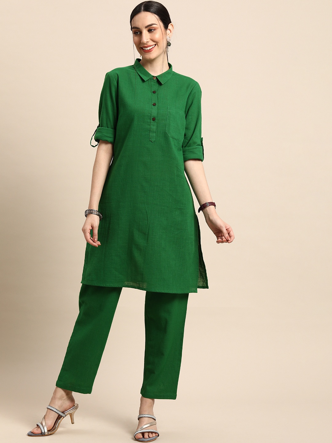 

Anouk Women Green Solid Straight Kurta with Trousers