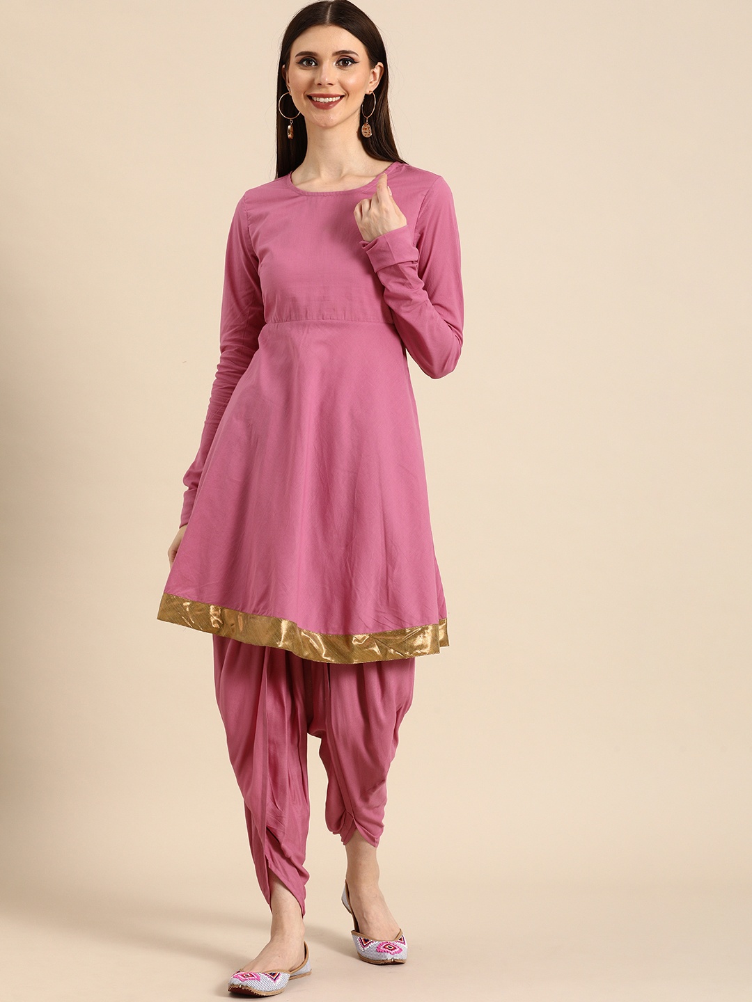 

Anouk Women Pink Solid Gotta Patti Kurta with Dhoti Pants