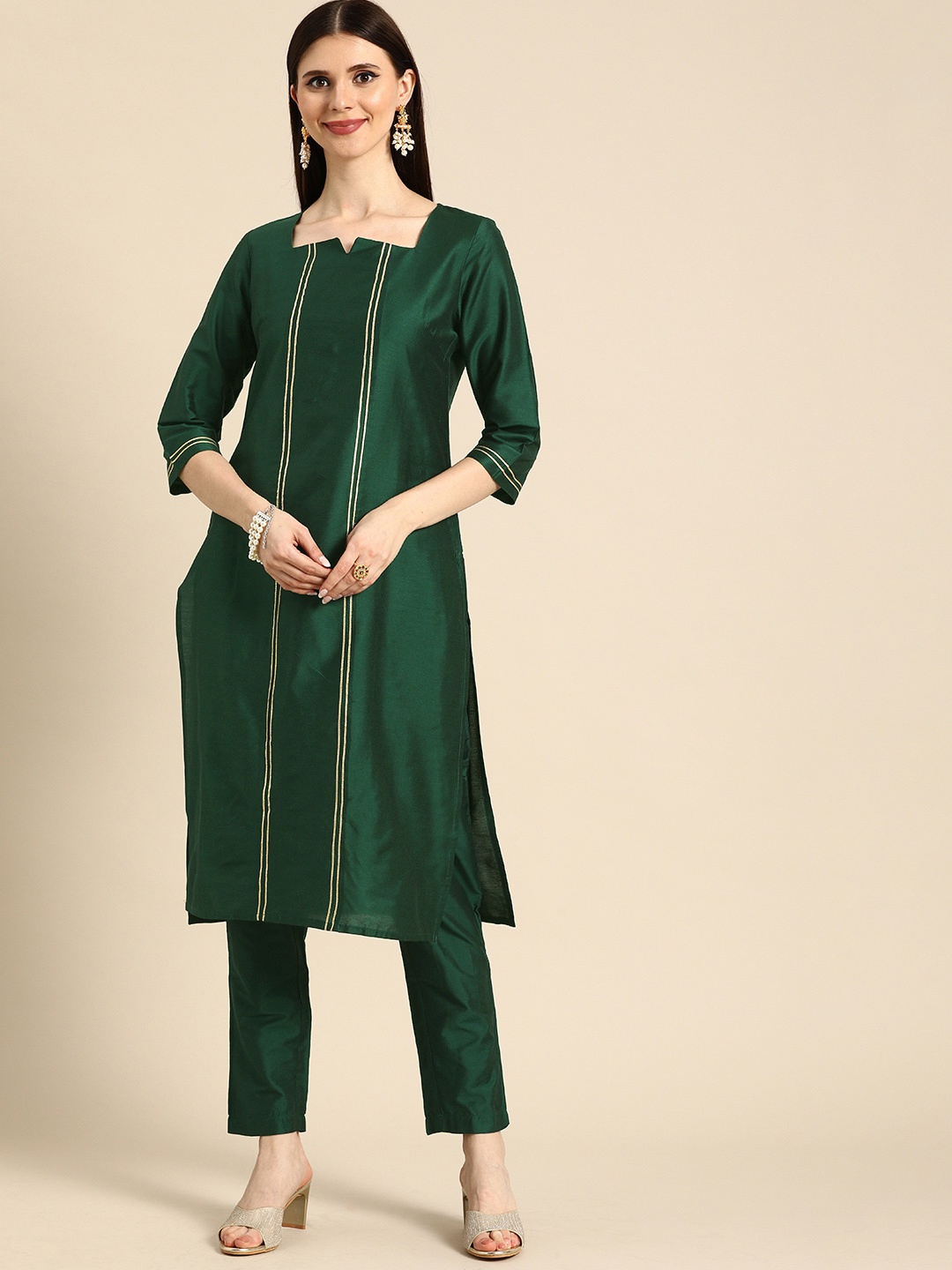 

Anouk Women Green Striped Gotta Patti Square Neck Straight Kurta with Trousers