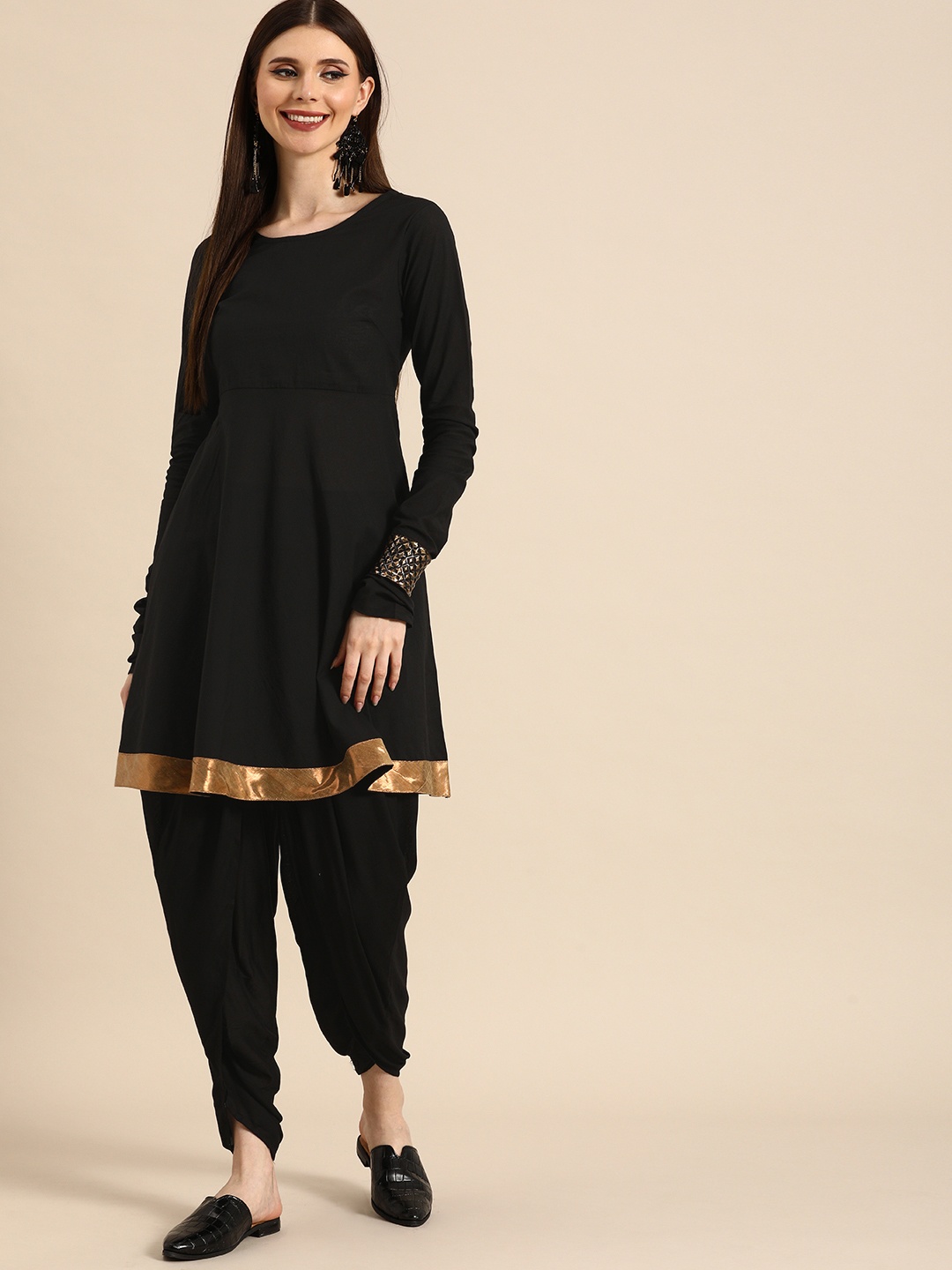 

Anouk Women Black Solid Gotta Patti Kurti with Dhoti Pants