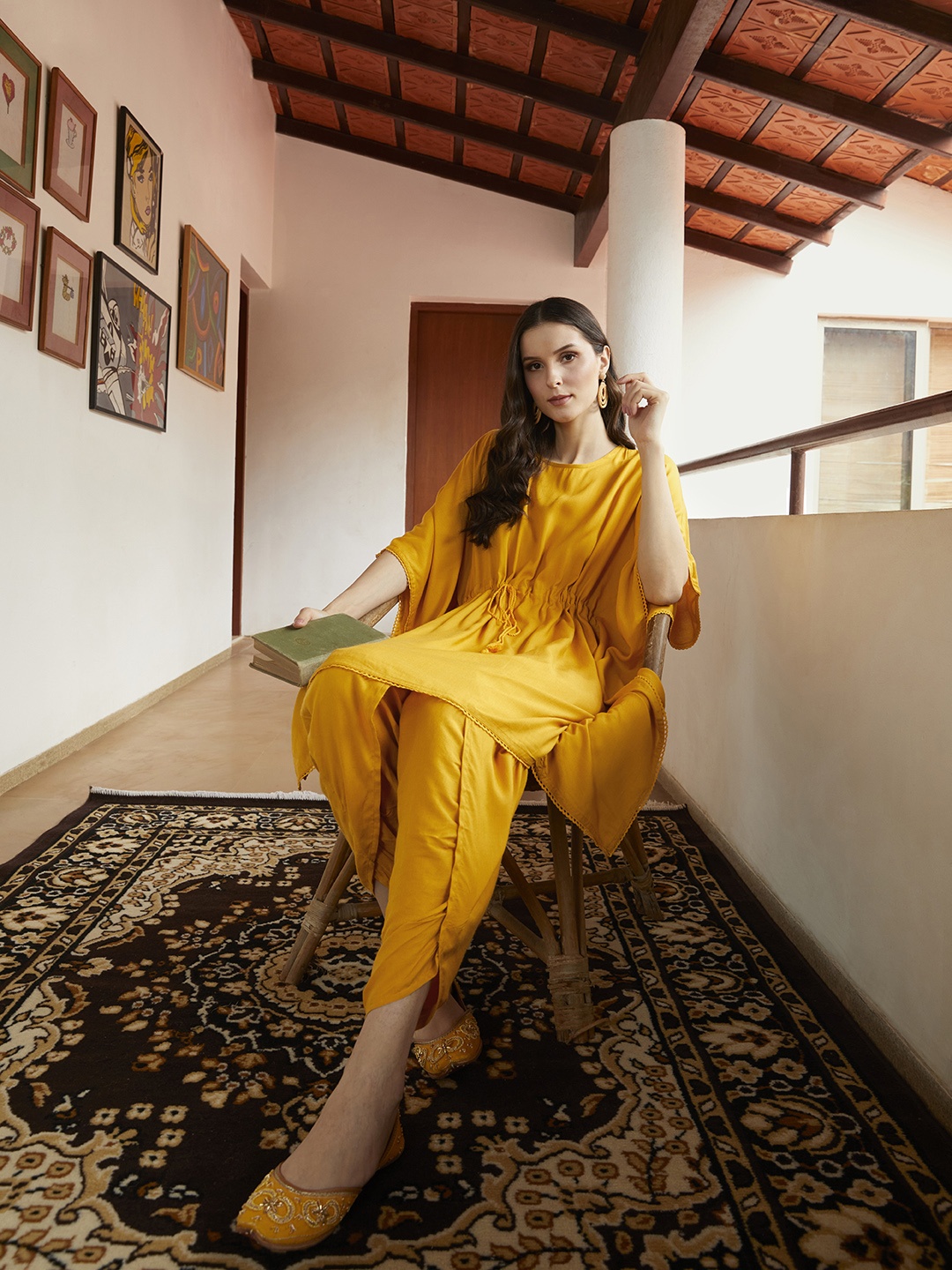 

Anouk Women Mustard Yellow Solid Kaftan Kurta with Dhoti Pants