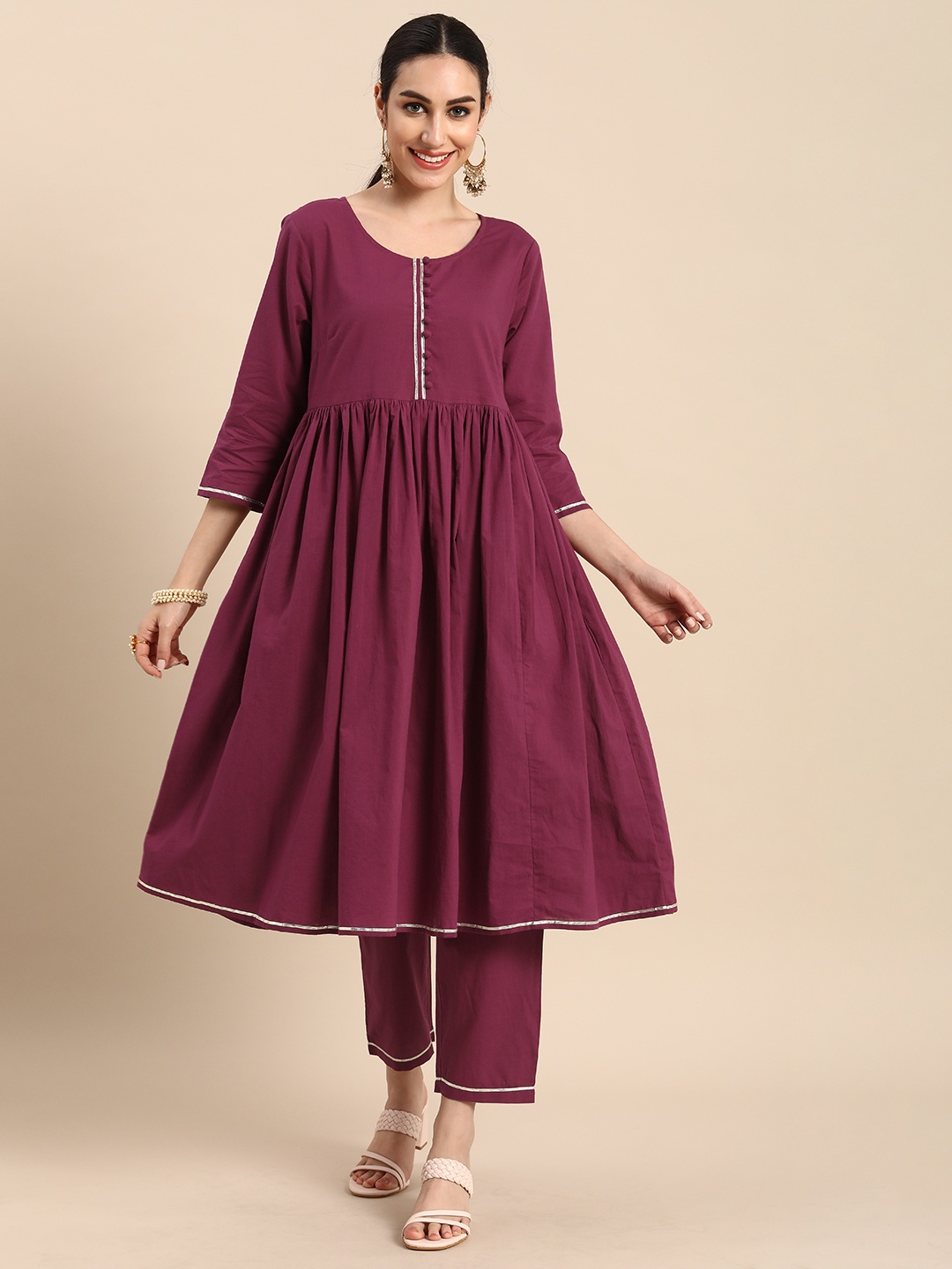 

Anouk Women Dark Purple Empire Beads and Stones Pure Cotton Kurta with Trousers, Maroon