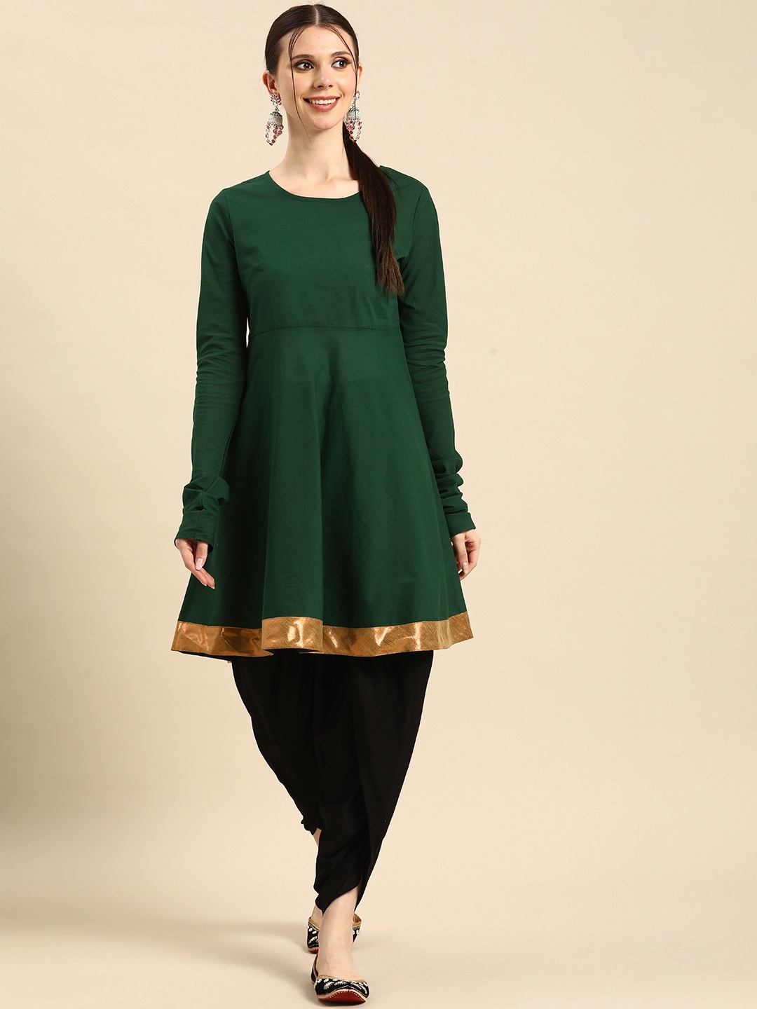 

Anouk Women Green Solid Pure Cotton Kurti with Dhoti Pants