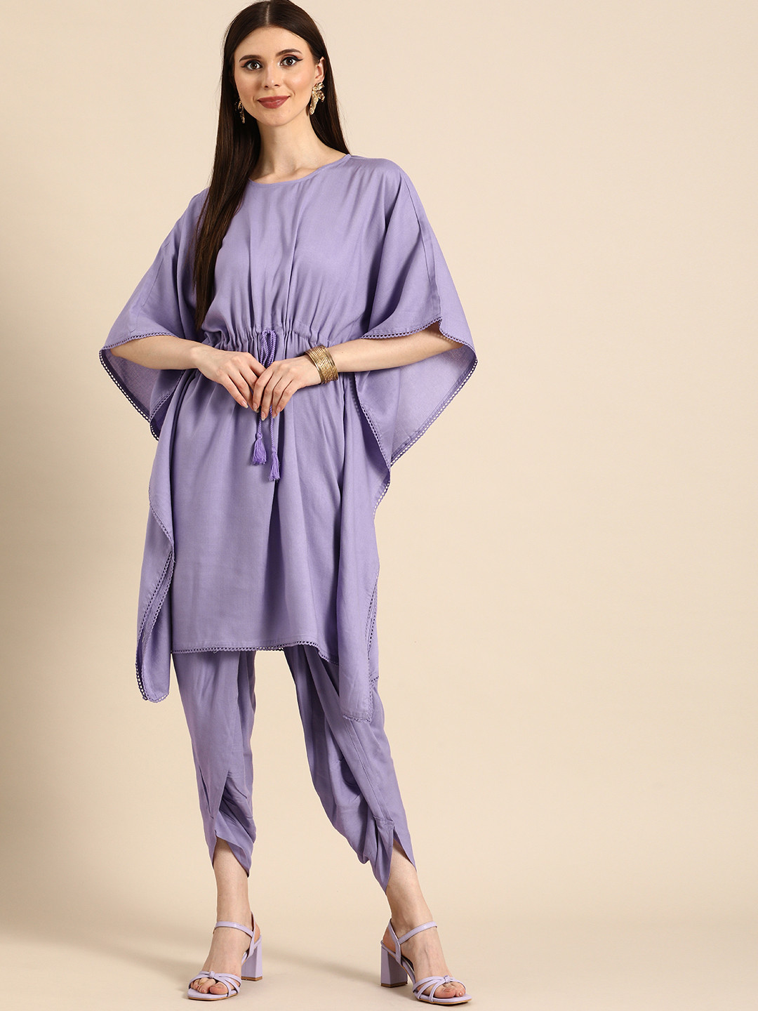 

Anouk Women Purple Solid Kaftan Kurti with Dhoti Pants