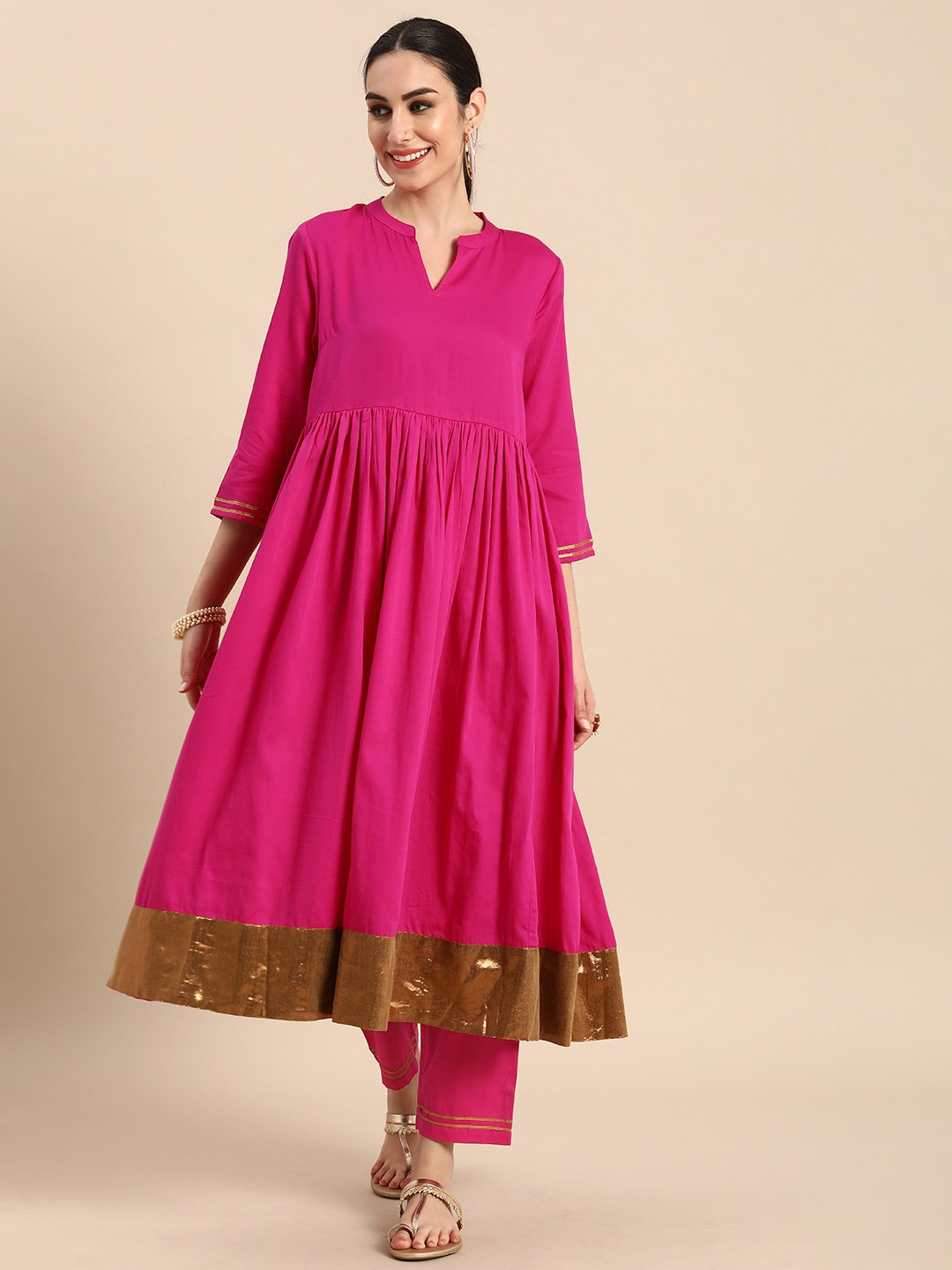 

Anouk Women Fuchsia Colourblocked Empire Pure Cotton Kurta with Trousers