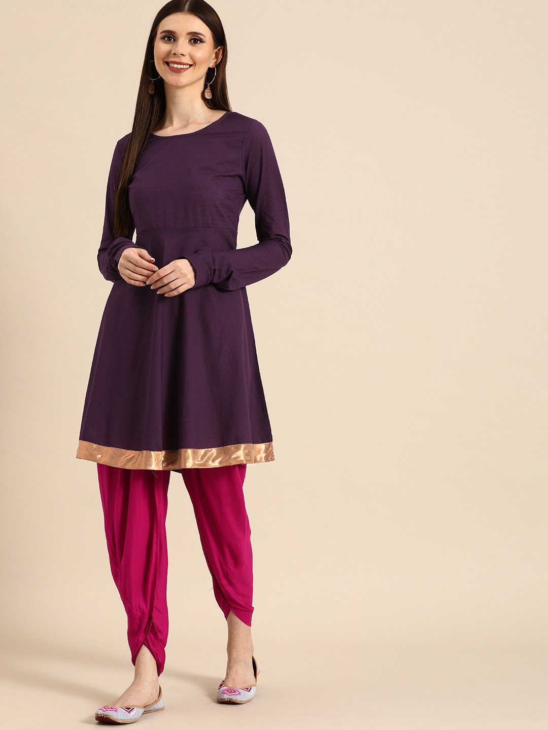 

Anouk Women Violet & Pink Solid Gotta Patti Kurta with Dhoti Pants