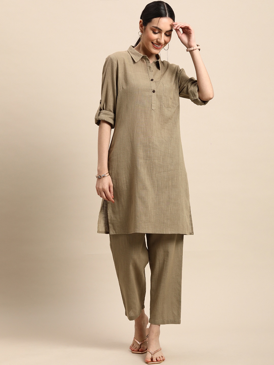 

Anouk Women Khaki Solid Straight Kurta with Trousers