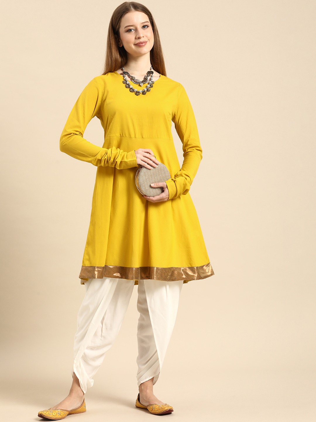 

Anouk Women Mustard Yellow Pure Cotton Kurti with Dhoti Pants