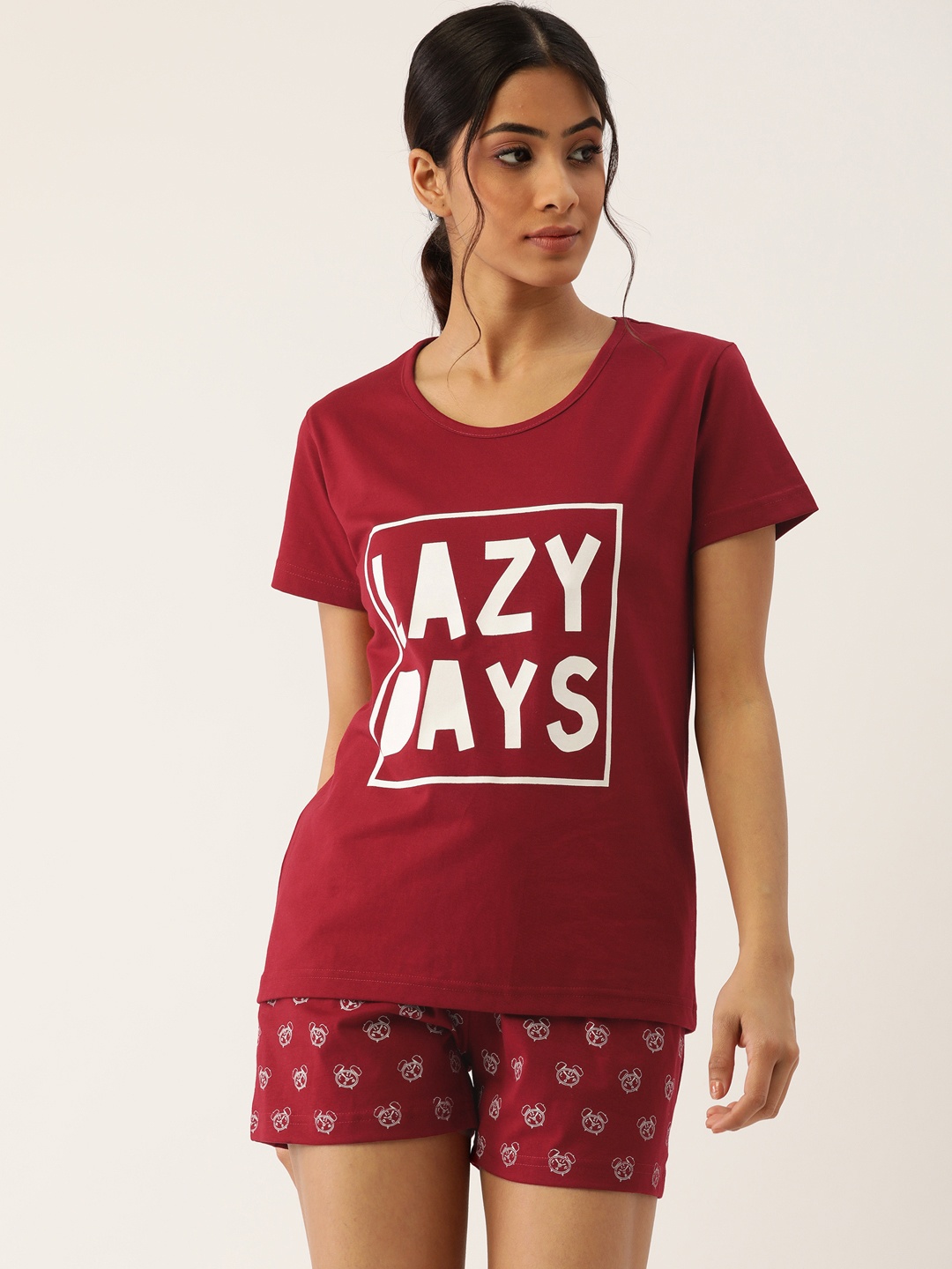 

Nite Flite Women Maroon Printed Pure Cotton Lazy Days Shorts Set