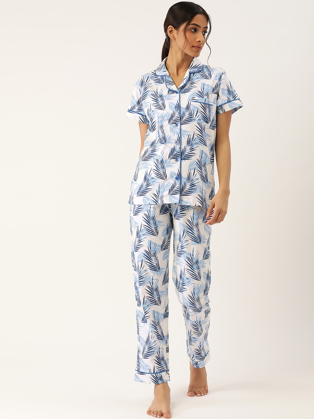 

Nite Flite Women Off White & Blue Tropical Printed Pure Cotton Vacation Pyjama Set