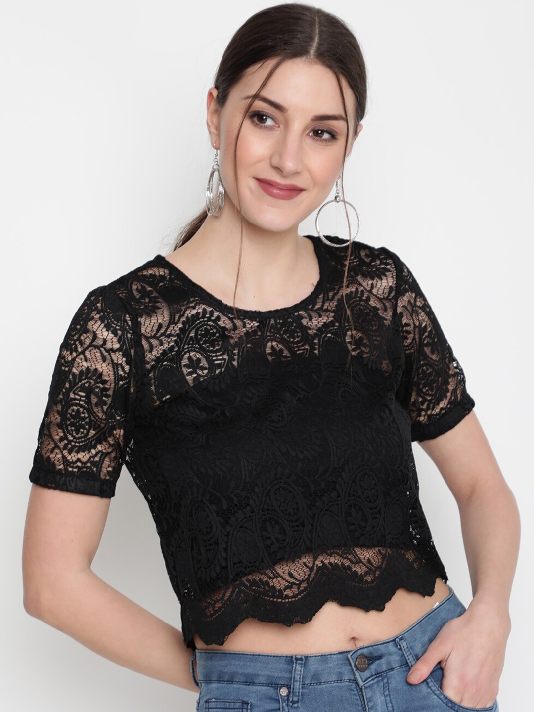 

AKIMIA Women Black Sheer Lace Crop Top