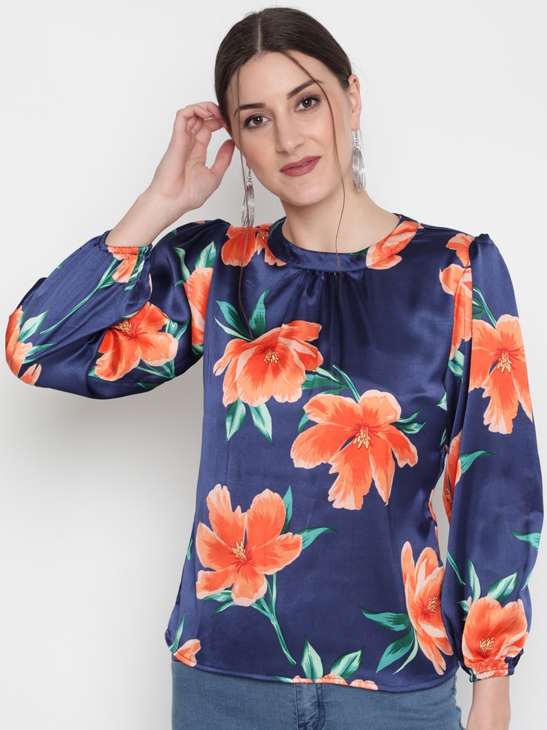 

AKIMIA Women Blue Floral Printed Satin Top