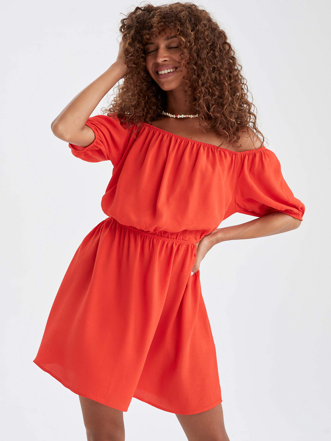

DeFacto Orange Off-Shoulder A-Line Dress