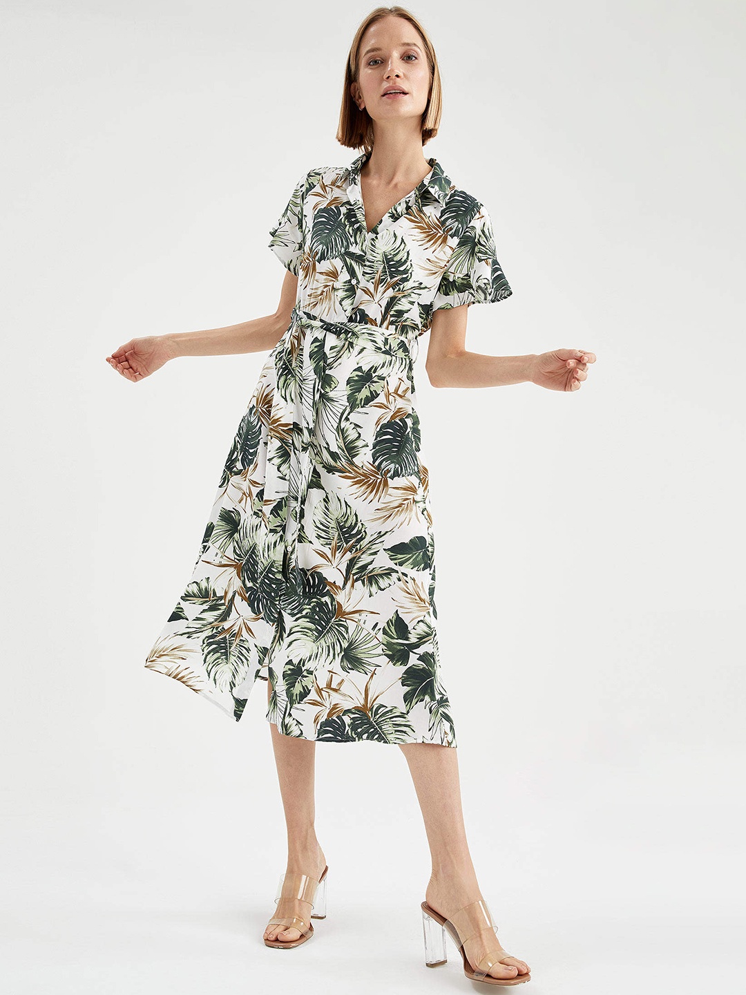 

DeFacto White & Green Tropical Print Shirt Midi Dress with Belt