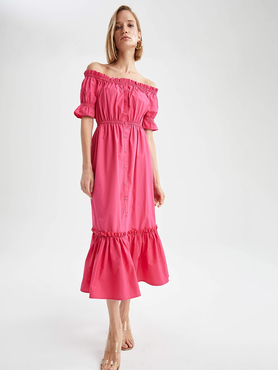 

DeFacto Pink Pure Cotton Off-Shoulder A-Line Midi Tiered Dress