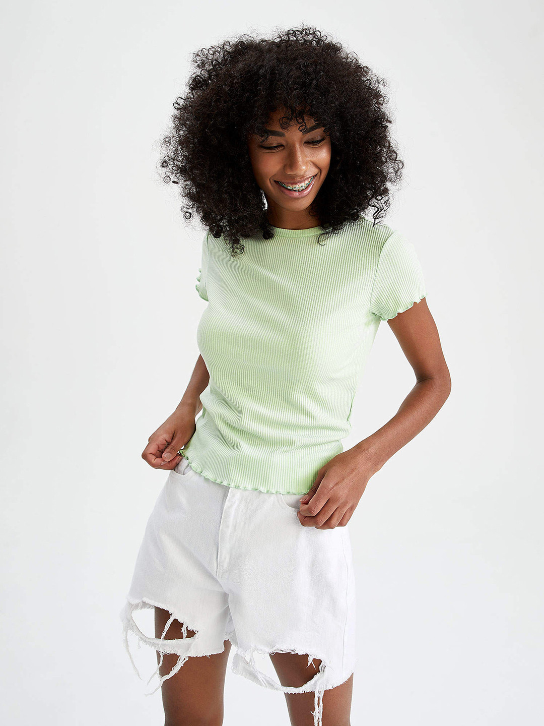 

DeFacto Green Ribbed Lettuce Hem Top